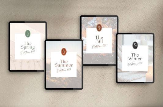 Four tablet devices displaying different seasons on a textured surface